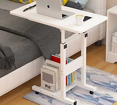 BAKAJI Scrivania Tavolo da Lavoro Porta Pc Computer Altezza Regolabile Tavolino Letto Divano con Piano e Ripiano Inferiore in Legno MDF Struttura Metallo Design Moderno 60 x 40 x 86 cm (Bianco)