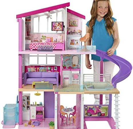 Barbie Casa dei Sogni, Casa a 3 Piani con 8 Stanze, Ascensore e Piscina con Scivolo, Oltre 60 Accessori, Regalo per Bambini da 3 a 7 Anni, Esclusivo Amazon