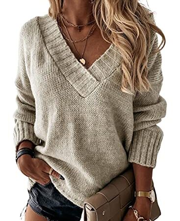 BLENCOT Maglione Donna Maglioni Scollo a V Cachi Pullover Inverno Sweatshirts Tinta Unita Felpe con Cappuccio Lunga Tops Oversize Sweatshirt Manica Lunga Moda Tunica Casual Bluse Autunno 2XL