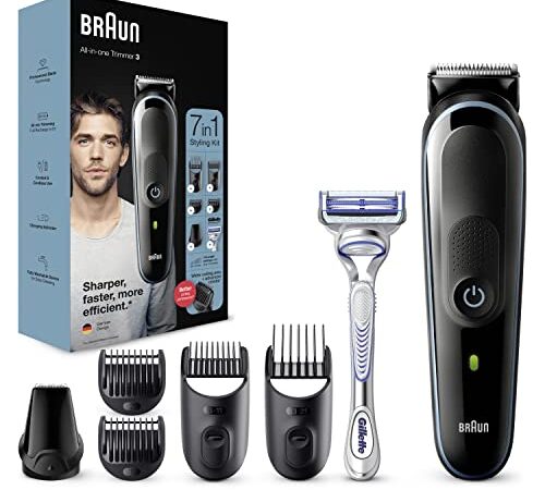 Braun Regolabarba Tagliacapelli Uomo Rasoio Incluso, Rifinitore Barba, 7 in 1 Styling Kit, 75Accessori, Ideale per Viso e Corpo, Idea Regalo, MGK3342 All-in-One Nero