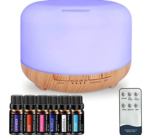 Diffusore di Oli Essenziali,450ML Ultrasuoni Umidificatore Diffusore con 6x10ml Oli Essenziali Inclusi,Diffusore di Aromi con 7 colori LED per Spa,Yoga,Camera da Letto