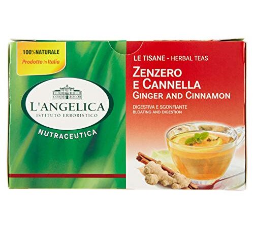 L'Angelica, Tisana Zenzero e Cannella, Infuso Funzionale, Tisana Digestiva e Sgonfiante, Favorisce la Digestione e Sgonfia la Pancia, Gusto Speziato, 100% Naturale, 20 Bustine