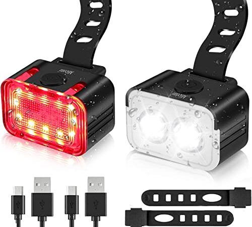 Miconi Luci Bicicletta,Luce Anteriore e Fanale Posteriore Ricaricabile USB con 5+6 modalità di Luminosità,Luce per Bicicletta a LED Impermeabile IPX6,per Mountain Bike,Ciclismo,Passeggiate e Campeggio