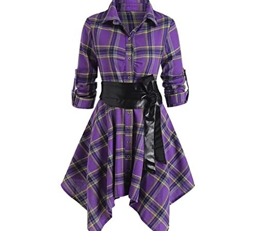 ORANDESIGNE Abito Scozzese Donna Elegante Camicia Quadri Lunga Vintage Abito Chemisier con Cintura in Pelle Orlo Irregolare Vestito Camicetta A Viola XXL