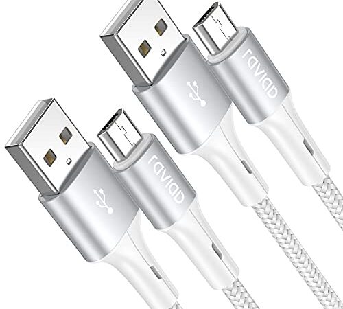 RAVIAD Cavo Micro USB [2 Pezzi,2M] Nylon Cavo USB Micro USB Trasferimento Dati e Ricarica Rapida Android Compatibile con Samsung Galaxy S7/S6/S5/J7/Note5, Huawei, HTC, LG, Kindle, Redmi - Argento