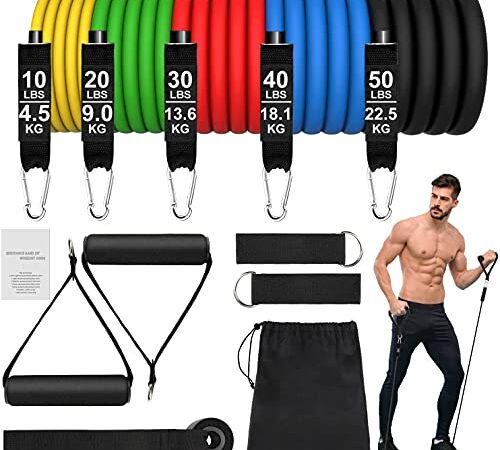 Set Elastici Fitness di Resistenza 5 Bande Elastiche Elastici da Pilates Elastico Fitness Set Fasce di Resistenza Estensori per Pettorali Uomo 150LB per Yoga, Pilates - 11 Pezzi