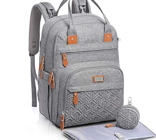 WELAVILA Zaino Fasciatoio, Grande Borsa Porta Pannolini con Materassino Fasciatoio, Cinghie per Passeggini, Tasche Isolanti Bottiglia, Zaino per il Cambio Unisex per mamme e papà (Grigio)