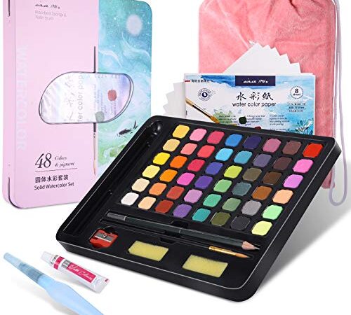 Acquerello Set 48 Colori Solido pigmento Acquerelli Professionali Kit Pittura Professionale ad Acquerello,Accessori da Dipingere per Bambini,Facile da Miscelare e Asciuga Rapidamente,natale regali