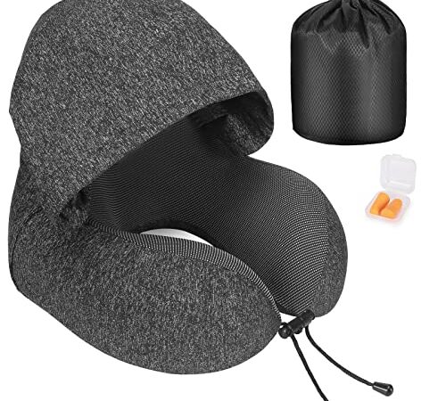 Amazon Brand - Eono Cuscino da Viaggio, Cuscino Collo Memory Foam, Cuscino Cervicale Viaggio con Cappuccio, Comodo Cuscino da Viaggio con Cappuccio per Aereo, Auto, Treno, Ufficio