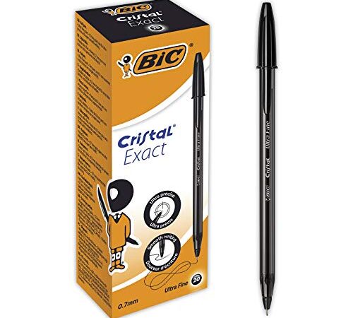 BIC Penne Nere a Sfera, Cristal Exact, Punta Fine (0.7 mm), Tratto Scorrevole e Preciso, Scuola e Ufficio, 20 Unità