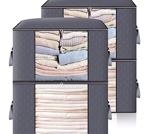 Boic 4PCS Scatole per Armadio Salvaspazio, Grande Capacità Borsa Porta Abiti con Finestra Trasparente, Pieghevole Traspirante Organizzatore Borsa per Trapunte, Coperte, Biancheria da Letto, Grigio