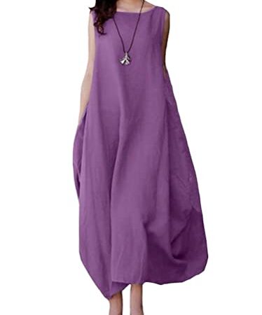 ORANDESIGNE Abiti Lungo Donna Senza Maniche in Cotone e Lino Midi Vestiti Girocollo Tinta Unita Casual Abito Caftano Boho Allentato Vestito Spiaggia Abito Estivo Bikini Cover Up A Viola XXL