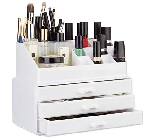 Relaxdays 10023137_49 Organizer Make-Up, Piccolo, 2 Pezzi, Contenitore per Cosmetici con Cassetti, Bianco