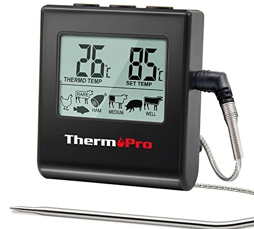 ThermoPro TP16B Termometro da Cucina Digitale Con Ampio Display LCD Per Affumicatori, Forno da Cucina, Barbecue, Grill Termometro Con Timer E Sensore Di Temperatura In Acciaio Inox