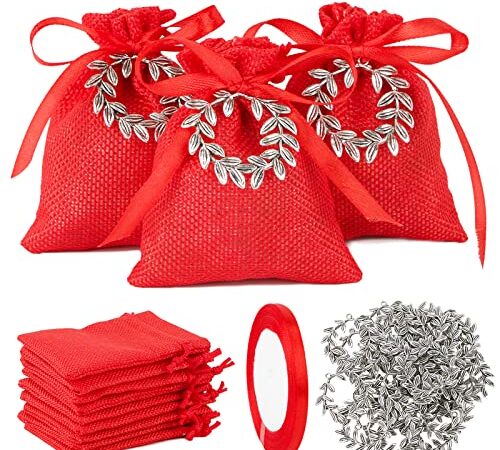 BETESSIN 24pz Bomboniere Laurea Portaconfetti Ciondoli Corona d'Alloro Sacchetti Iuta Rossa Confetti Nastro Rosso Addobbi Laurea Festa Bomboniere Confetti Regalo