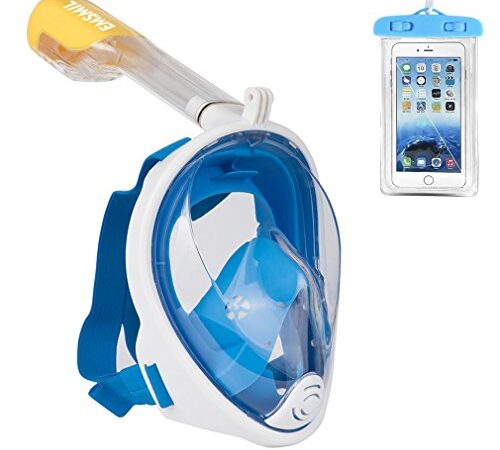 Emsmil Maschera da Snorkeling 180 Panoramici Full Face Respirazione Libera Maschere Subacquee Anti-Appannamento Anti Infiltrazioni Sacchetto Impermeabile Telefono per Adulti e Bambini Blu