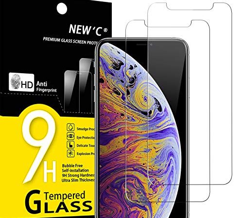 NEW'C 2 Pezzi, Vetro Temperato per iPhone 11 PRO Max e iPhone XS Max (6.5), Pellicola Prottetiva Anti Graffio, Anti-Impronte, Senza Bolle, Durezza 9H, 0,33mm Ultra Trasparente, Ultra Resistente