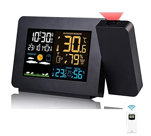 Orologio Proiezione Soffitto con Sensore Esterno, Stazione Meteo Temperatura Umidità Esterna Interna, Sveglia Digitale da Comodino 2-Allarmi LCD Display di Calendario Previsioni del Tempo