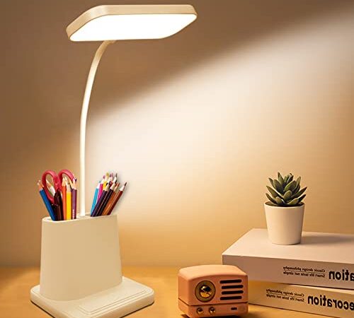 Tihokile Lampada da Scrivania LED Protezione Degli Occhi, Lampada da Tavolo con 3 Modalità di Illuminazione, Lampada Scrivania Touch Wireless con Porta di Ricarica USB/Porta Penne/Porta Telefono